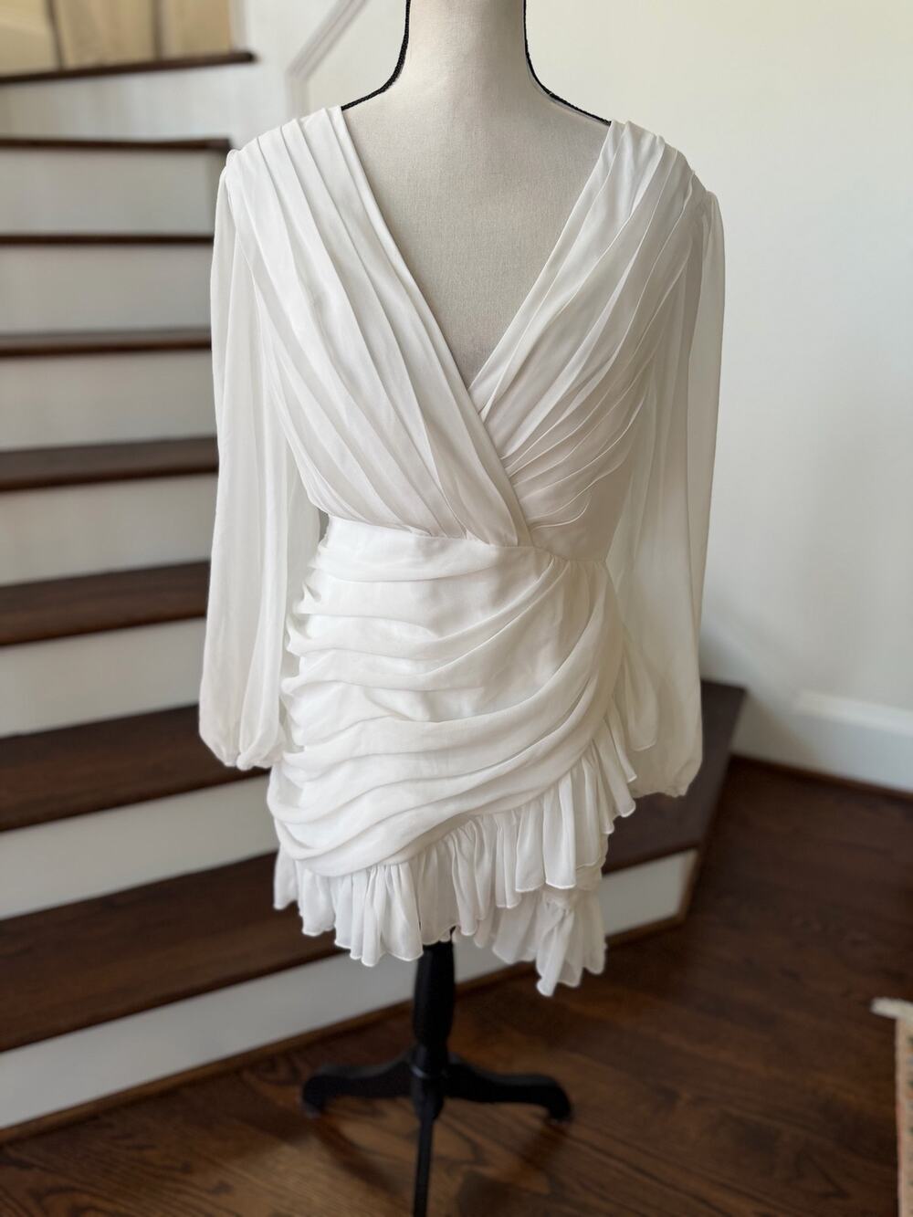 Showpo White Mini Long Blouson Sleeve Plunge V-Neck Ruched Dress